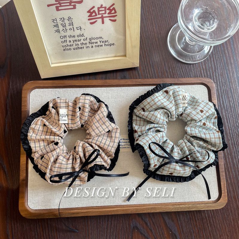 秋冬复古新款植绒爱心格纹布艺大肠发圈头发蝴蝶结花边绝美发饰|undefined