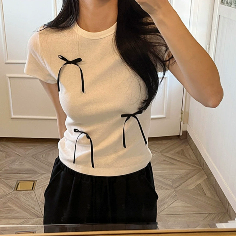 Корейская шикарная летняя нишевая футболка с круглым вырезом и стерео бантом, украшенная для похудения, футболка с короткими рукавами, топ