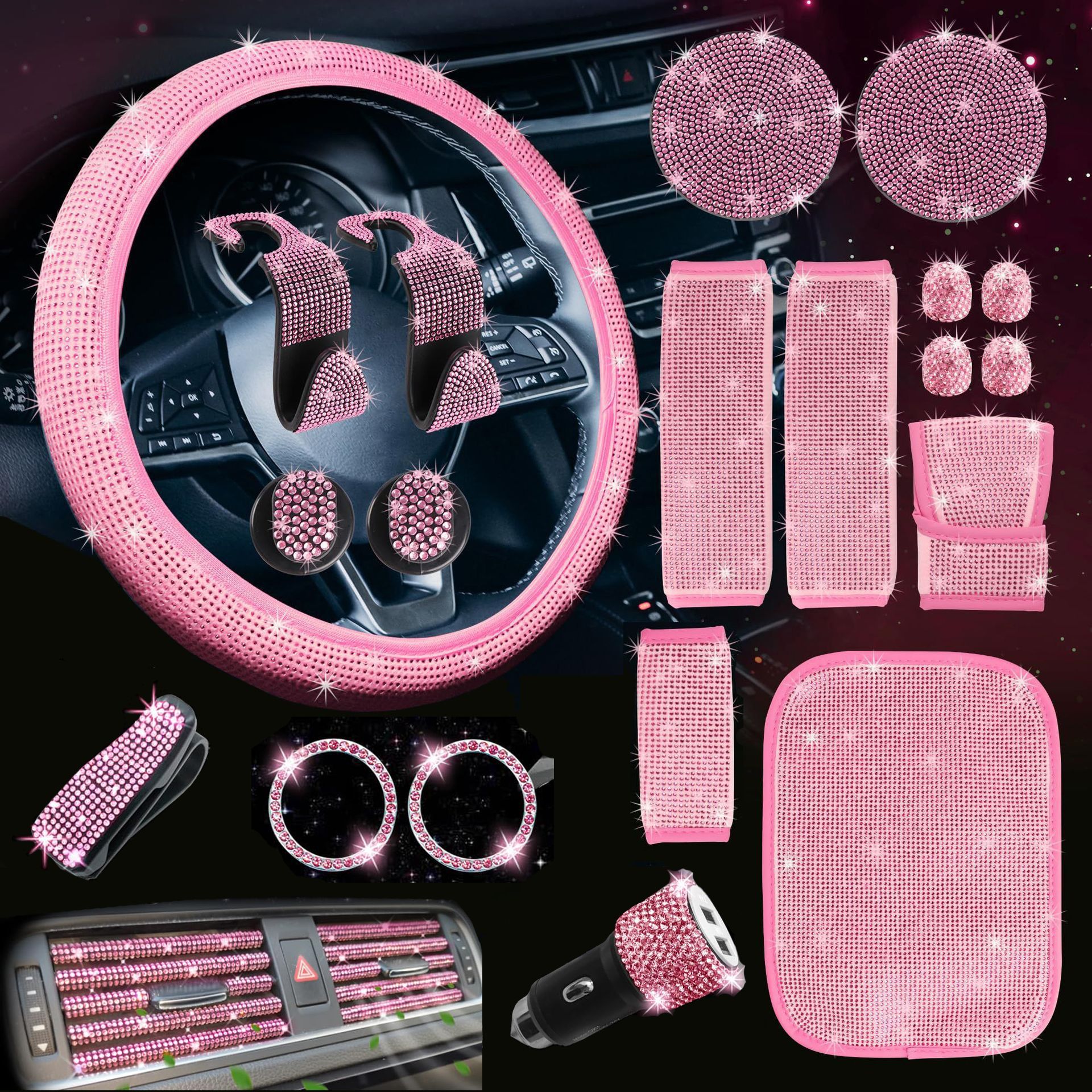 Cross-border foreign trade auto parts 30 pieces of rhinestone suit car steering wheel cover safety belt cover electric charging air outlet strip