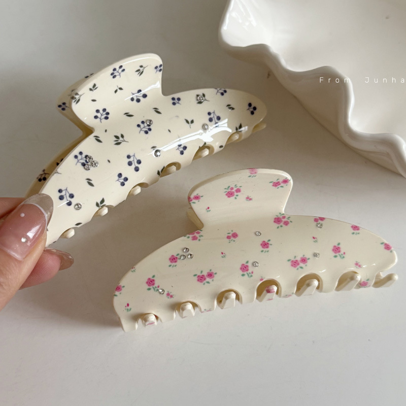 retro blue floral cherry diamond-embedded grip korean style starry sky back head updo shark clip hairware female new