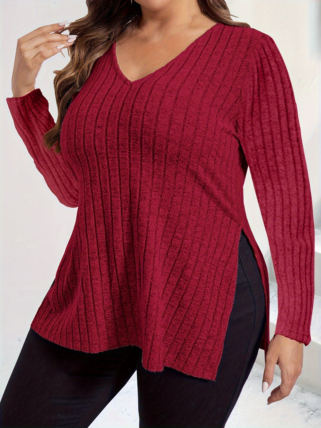 2024 Amazon spring and autumn new solid color plus-size women's blouse V-neck long sleeve pit strip woolen T-shirt loose cover