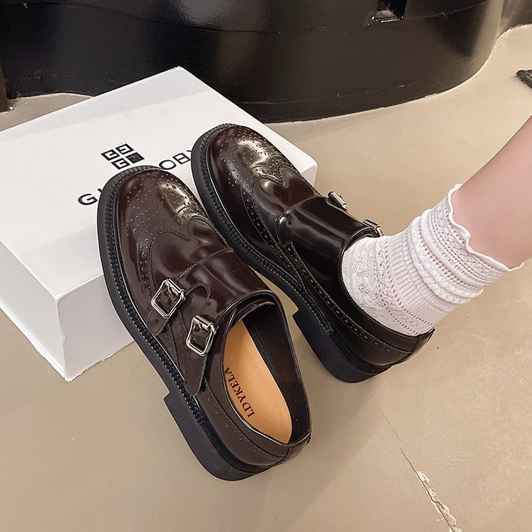 Brogue Carved Small Leather Shoes for Women 2025 Autumn and Winter New British Style Thick Heel Loafers Low Heel Belt Buckle Shoes