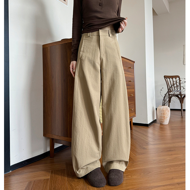 High-Quality Khaki Suit Pants for Women, New Spring Style, Loose High-Waisted Wide-Leg Pants with a Draping Effect, Slimming American-Style Scimitar Pants