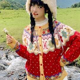 新年红色氛围感宽松开衫毛衣女2025秋冬季新款圣诞费尔岛针织外套