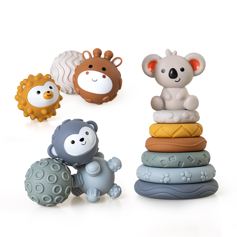 Juguetes transfronterizos de agarre de mano para bebés y niños pequeños, bloques de bloques de goma suave, círculos apilados, pellizcos para bebés, juguetes apilados de bolas image 16