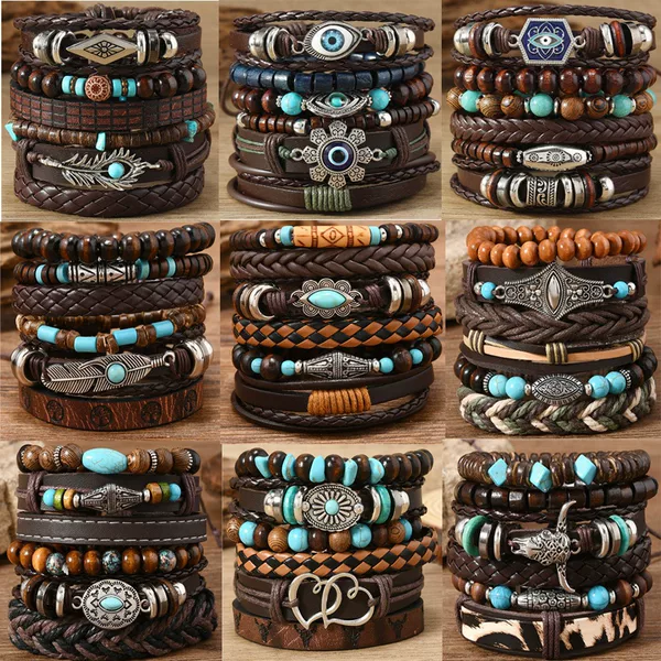 Cross-border New European and American Western Denim Style Leather Cow Tau Pine Stone Chicken Wings Coconut Shell Men's 6-piece Bracelet
