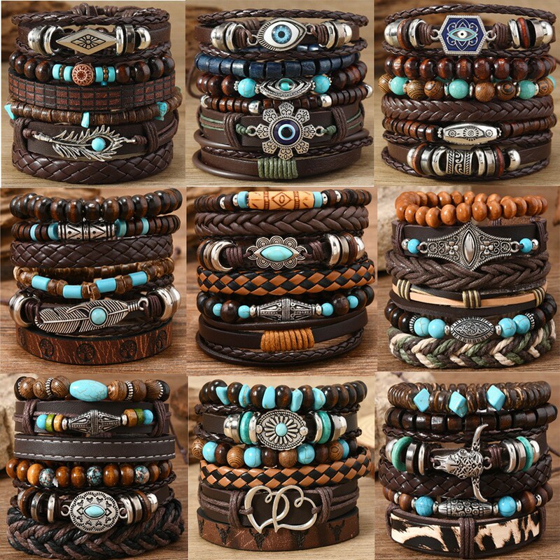 Cross-border New European and American Western Denim Style Leather Cow Tau Pine Stone Chicken Wings Coconut Shell Men's 6-piece Bracelet