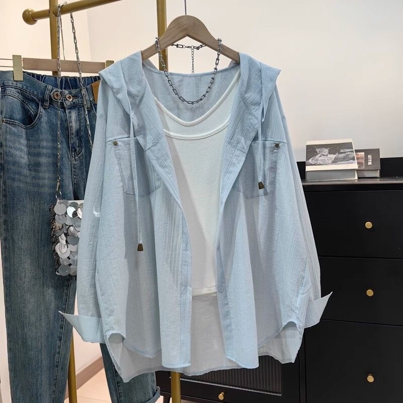 Solid Color Textured Hooded Shirt for Women, New Summer Style, Loose Korean Style Casual Versatile Sun Protection Shirt, Thin Jacket