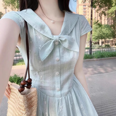 女性のための小さな新鮮なブルーネイビーカラー半袖ドレス 2025 夏の美しいピンチウエスト A ラインロングドレス