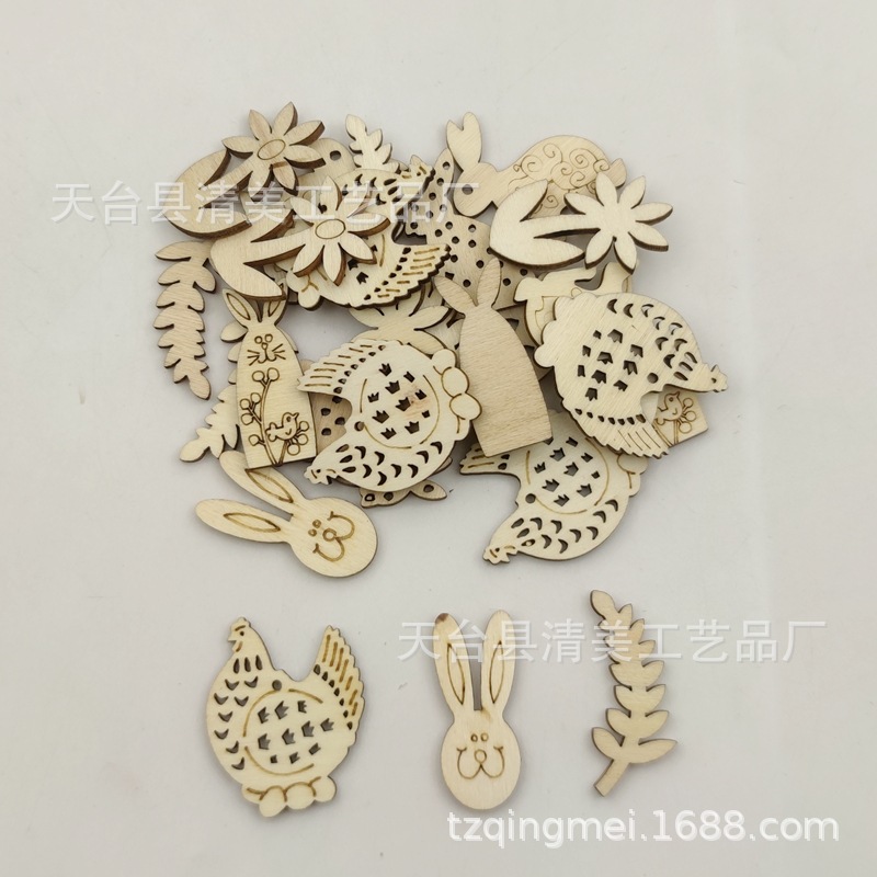 Huevos de madera de dibujos animados de madera con estampado tallado en madera, 25 piezas de madera en forma de conejo y pollo en un paquete