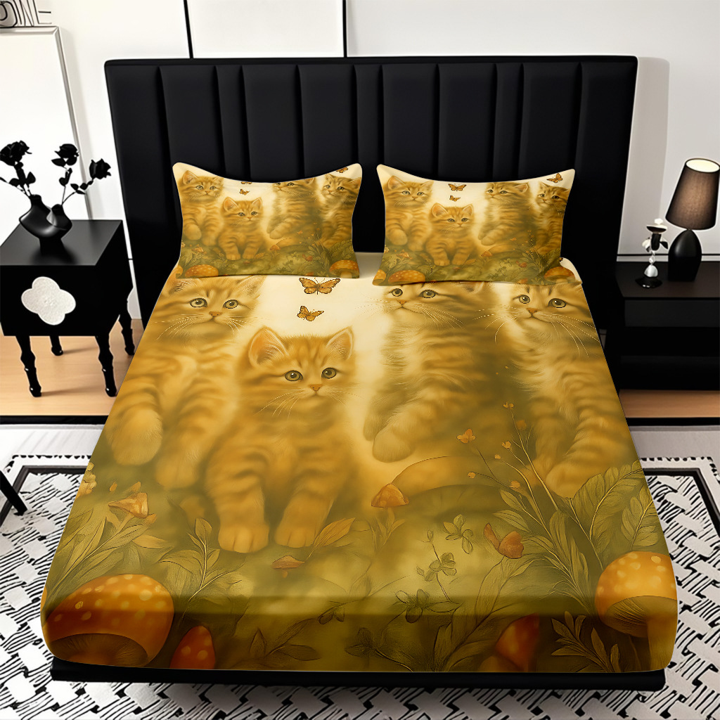 Modo JIT Temu transfronterizo cama de molienda textil casera Kasa tres piezas set gatos HD procesamiento de fábrica de impresión digital