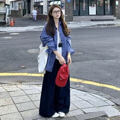 韩系chic蓝色格子polo领衬衫女宽松防晒外套春秋长袖休闲外搭上衣