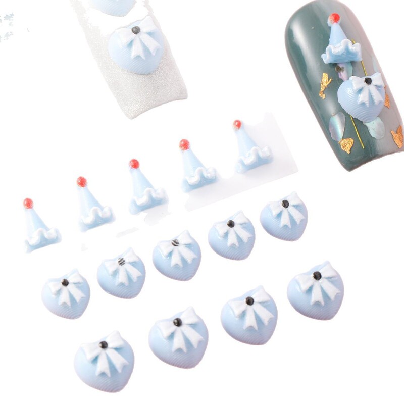 Christmas Hat Ribbon Heart Bow Manicure Diamond Simple Holiday Blue Pointed Hat Resin Cute Nail Stickers