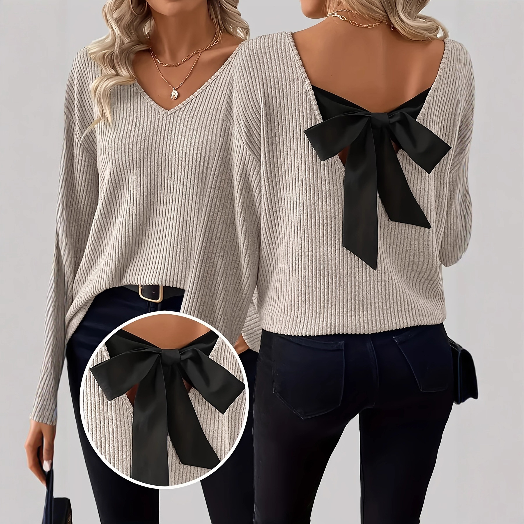 European and American Women's V-Neck Pure Color Sweater Autum Export New Long-Sleeved Casual Loose Bow Top for Women