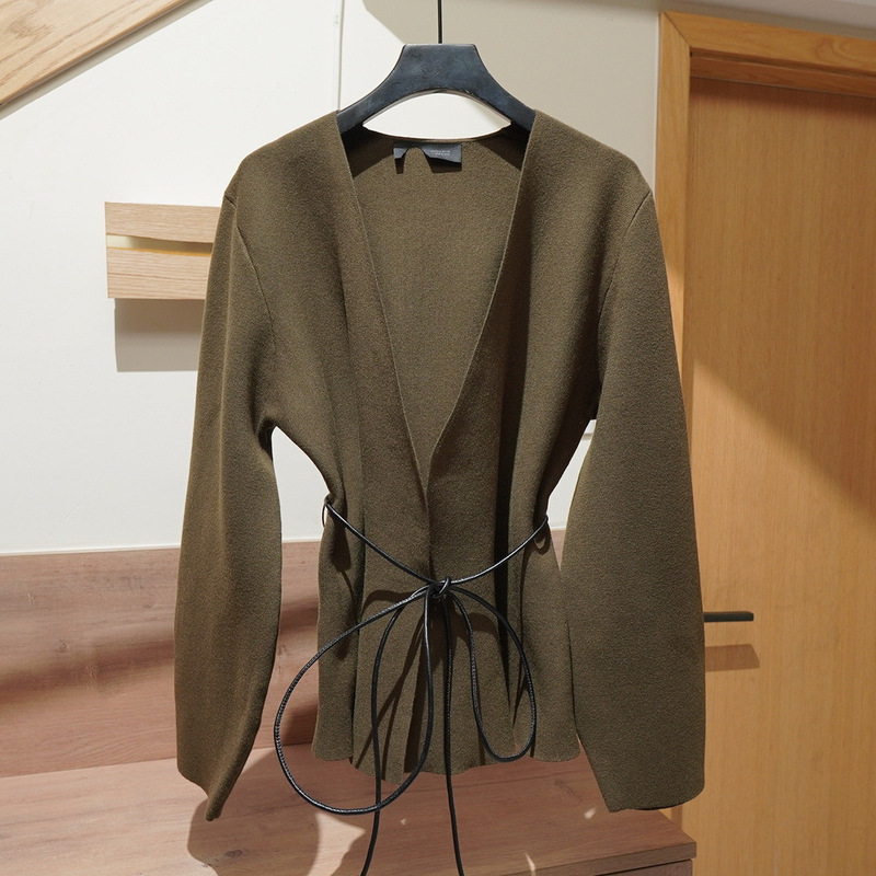 Original European and American Women's Clothing Wholesale Faux Leather Belt Tie-Decorated Fine Knit Khaki Green Cardigan V-Neck Sweater Coat