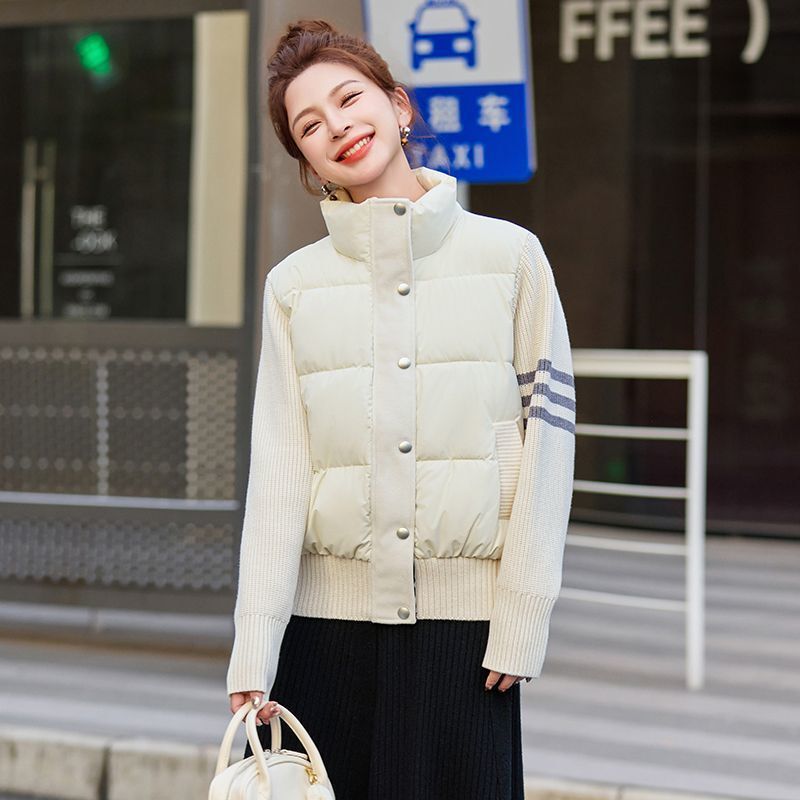 高级感立领棉服女2025冬季新款设计感拼接针织加厚短款外套米白色|undefined