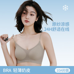 新作夏用超薄生地涼感シームレス美背ブラ ノンワイヤー細肩紐ゼリー10A抗菌ブラ