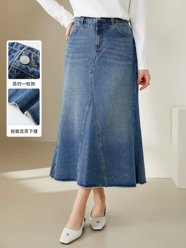 纤莉秀 Retro autumn denim skirt, plus size, fitted