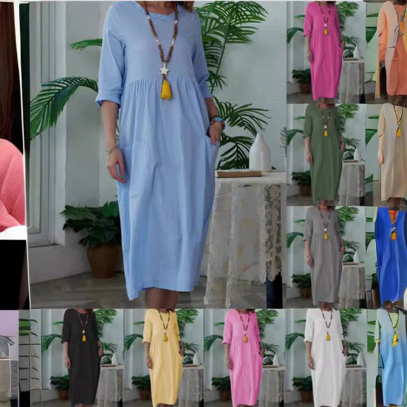 2023 New Cross Border Women's Amazon wish Midi Dress Women's Solid Color Mid-Sleeve Round Neck Dress 2023 New Cross Border Women's Amazon wish Midi Dress Women's Solid Color Mid-Sleeve Round Neck Dress