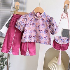 韓版夏季女童套裝小女孩中國風泡泡袖旗袍上衣褲腿褲兩件套送包包