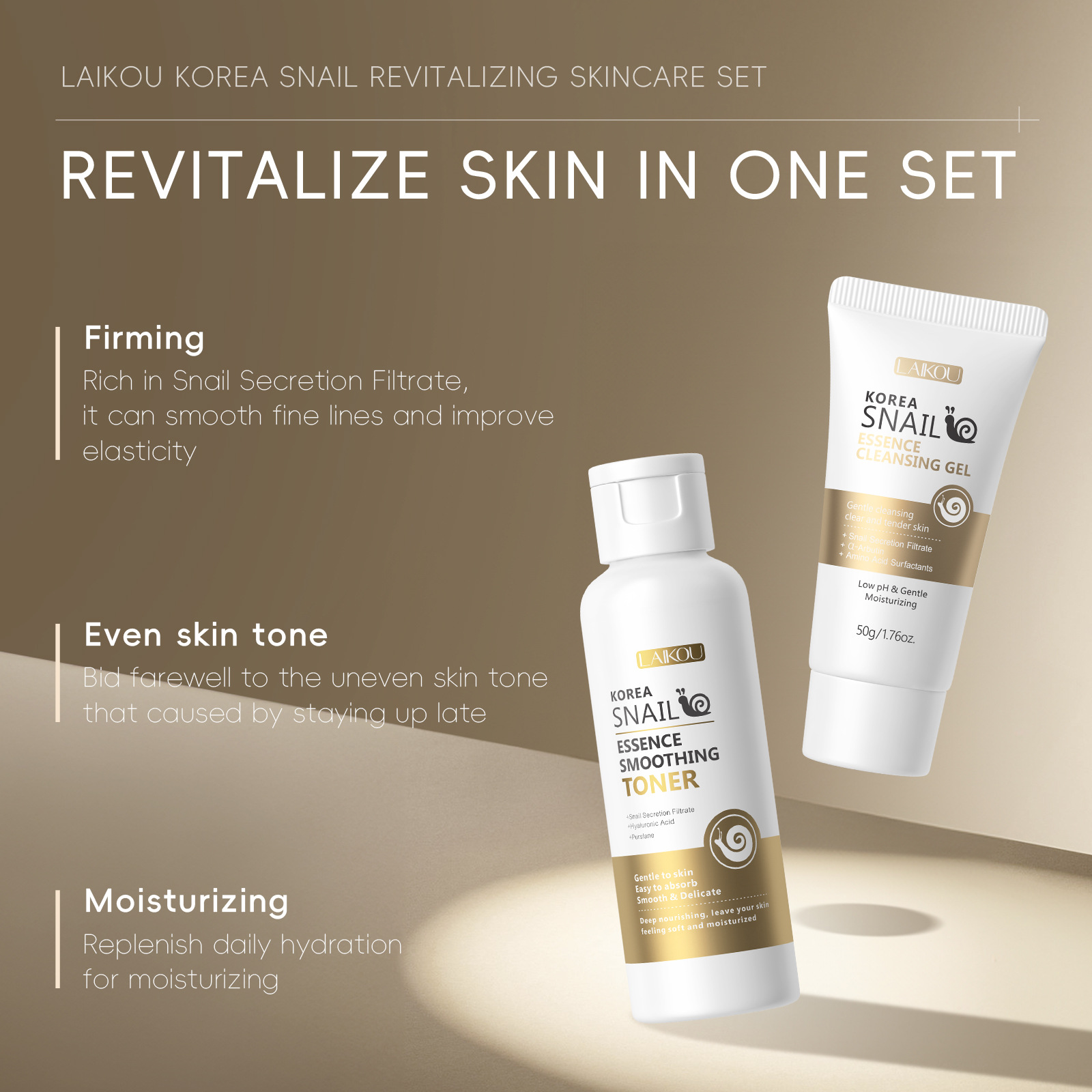 Cross-border new LAIKOU snail skin care five-piece set for facial care to brighten skin tone, manufacturer's skin care products in stock undefined