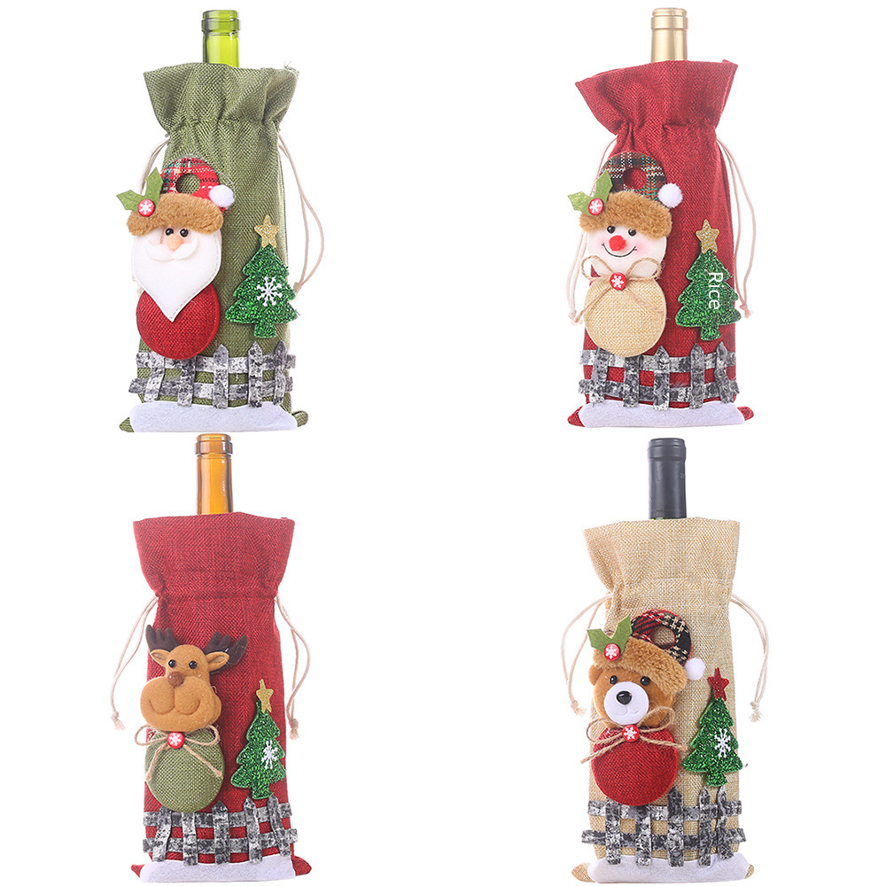 Haube novas decorações de Natal linho neve desenho animado cordão conjunto de garrafa de vinho boneca xadrez bolsa de garrafa de vinho atacado_voghion.com