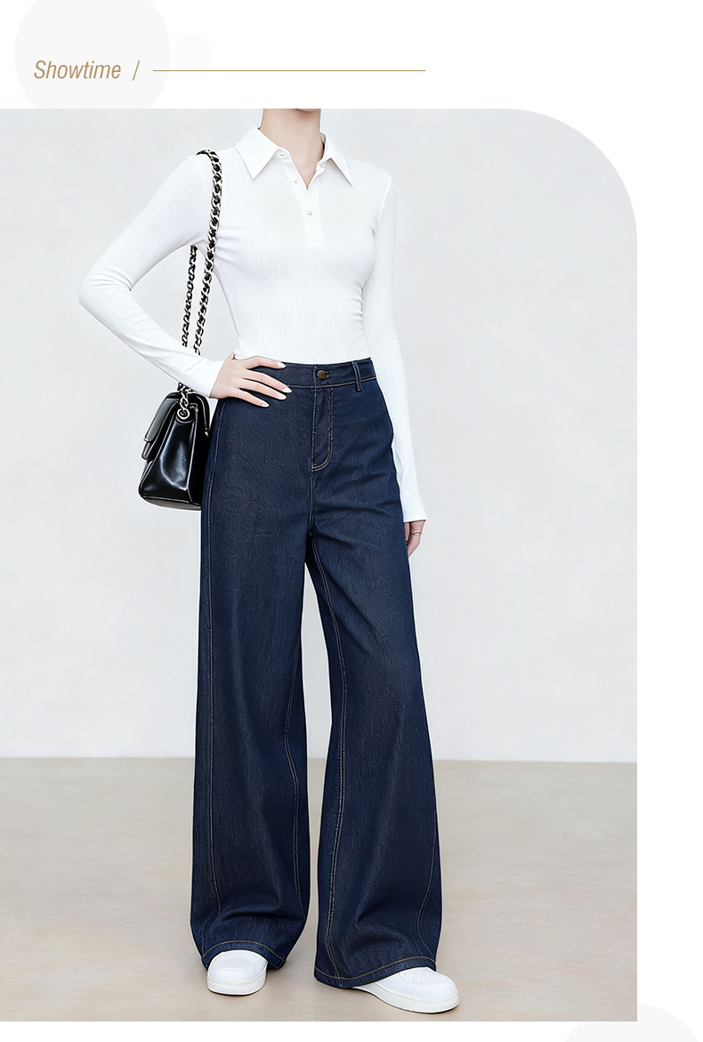 Quần jean ống rộng Xinge denim xanh chống phai màu, lưng cao, dáng suông dài đến sàn — màu xanh denim chi tiết 5