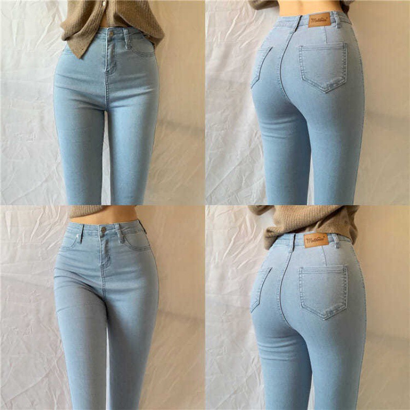 Plus Size European and American Style High-Waisted Peach-Butt Elastic Light Blue Denim Pants for Women, Tight-Fitting, Slimming Look, Butt-Covering Pencil Pants for Small Feet
