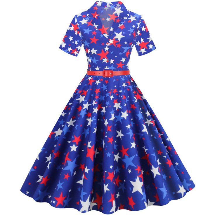 Amazon Foreign Trade Women's Clothing Independence Day American Flag Print High-Waisted Retro Dress 8001 European and American Retro