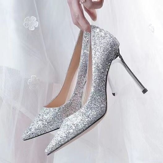 High-heeled wedding shoes 2026 summer new style gold sequin pointed toe pumps for bridesmaids and brides, women's stiletto heels