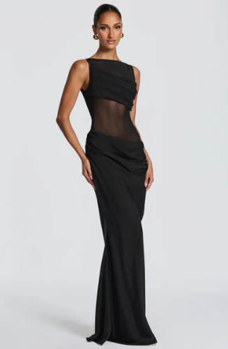Women's Solid Color Patchwork Slim Fit Dress - Sheer Draped Evening Gown For Sophisticated Style_ecoleips.com