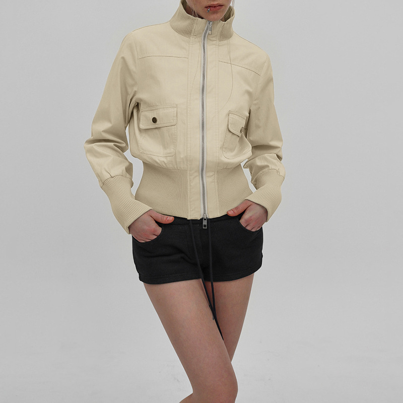 American-Style Streetwear Zip-Up Ribbed Patchwork Pocket Cargo Jacket New Slim-Fit Long-Sleeve Top