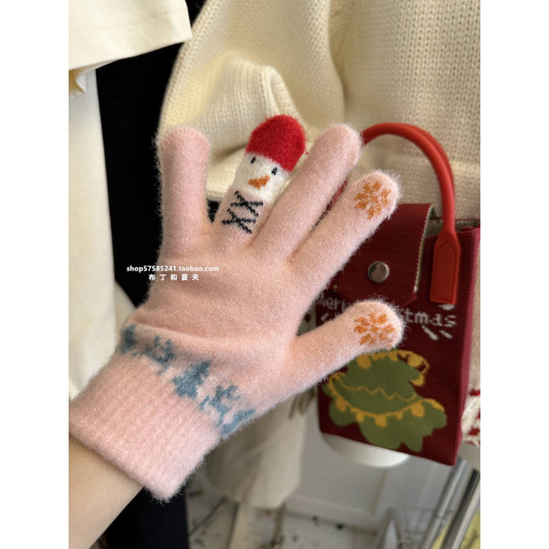 ins可爱雪人卡通手套女加绒保暖冬季五指可触屏分指骑车防风防寒|undefined