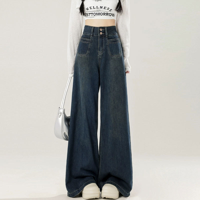 plus size Vintage Wide Leg Jeans Women's Meat Covering Double Buckle Design Rear Leather Label High Waist Loose Straight Long Pants