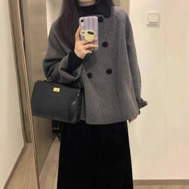 跨境灰色短款呢子大衣女秋冬娃娃领复古加厚韩系赫本风毛呢外套女