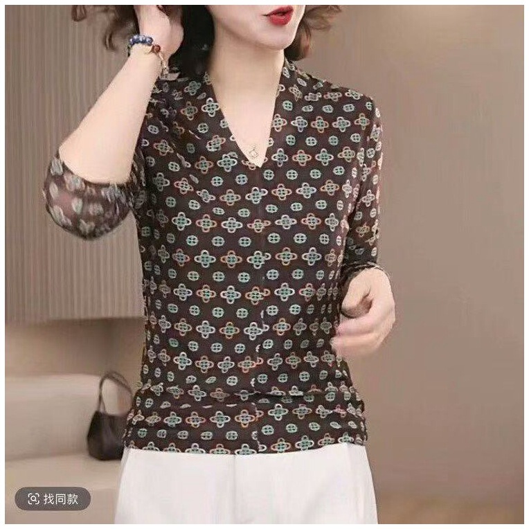 2026 Autumn New V-Neck Floral Long Sleeve Top, Retro Floral Slim Fit Versatile Long Sleeve Base Top