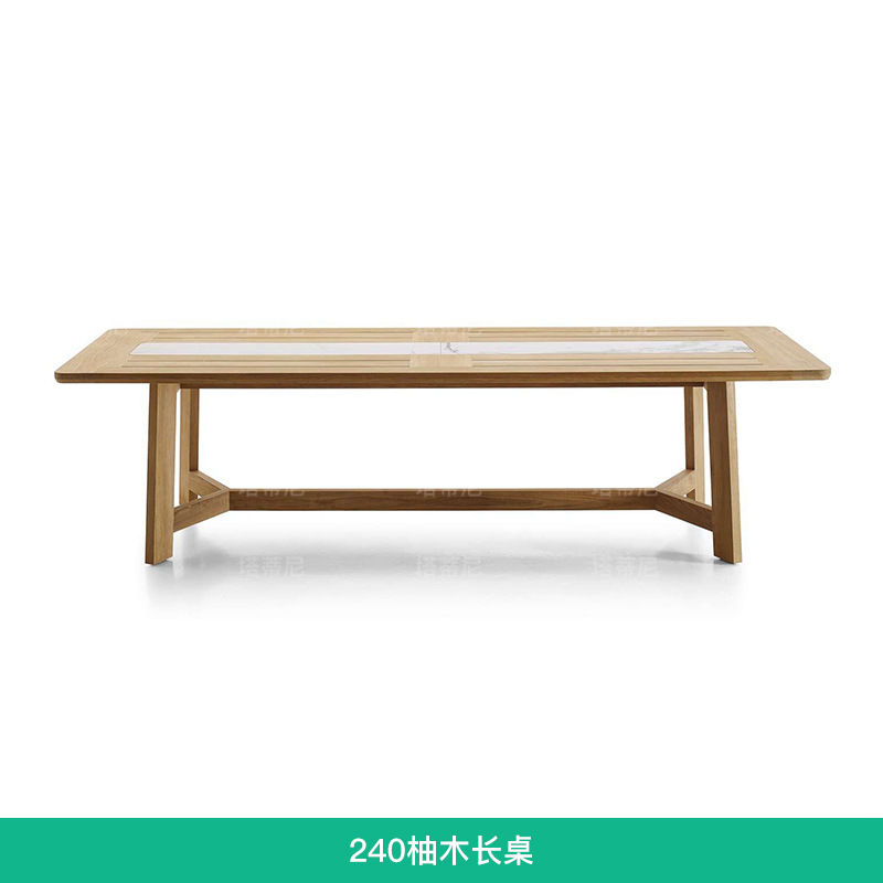 Mesas y sillas de teca para exteriores de villa, mesa larga de madera anticorrosión de diseño de alta gama para patio, jardín y hotel, con tejido de cuerda.