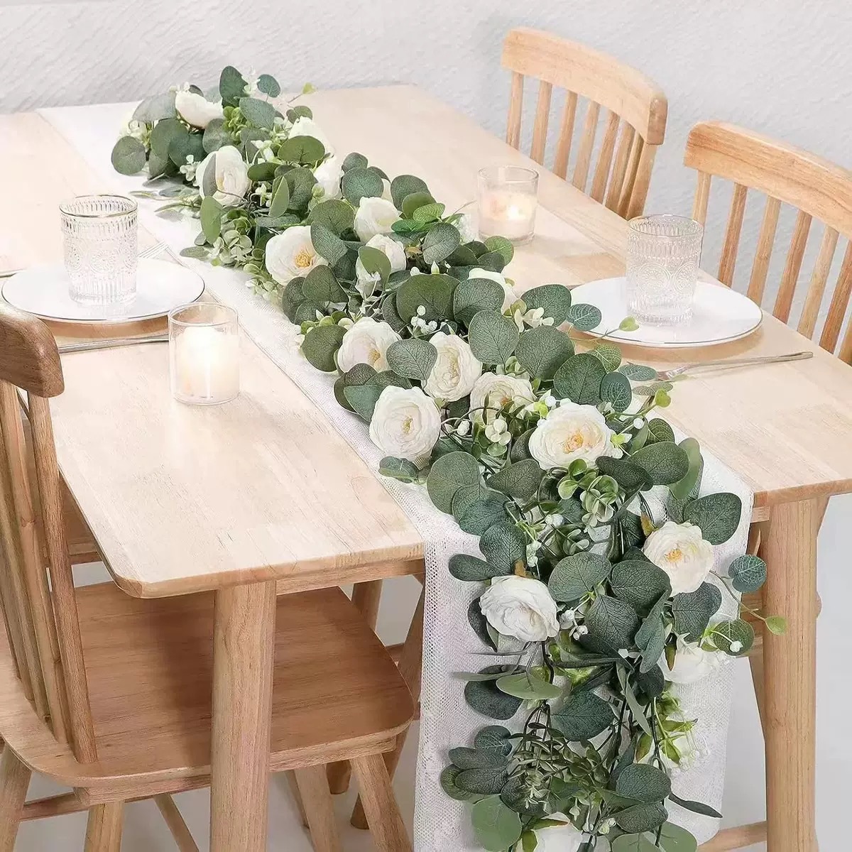 Simulación transfronteriza de vid de dinero hojas de eucalipto hojas de eucalipto vid de boda simulación decoración de mesa verde