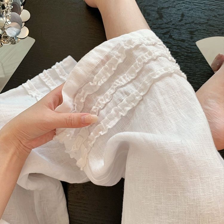 リラックスした耳付きストレートコットンとリネンの女性用カジュアルパンツ、夏の新しいスタイル、怠惰で多用途な白い9点ワイドレッグパンツ|undefined