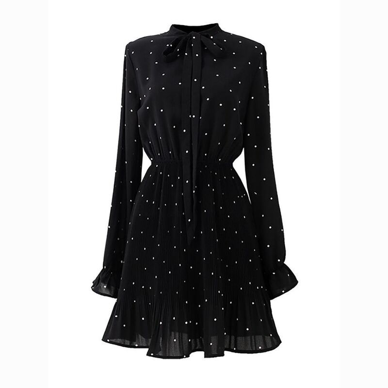 Gongyu Weng Polka Dot New Long-Sleeved Chiffon Waist Skirt Short Slimming Look Black Elegant 2025 Spring & Fall Dress