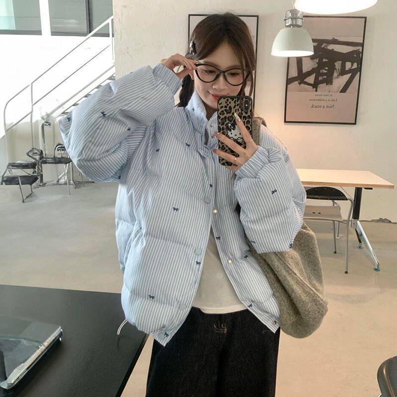 Japanese and Korean style vibe striped bow cotton-padded jacket winter new design sense all-match thick warm coat blue tide