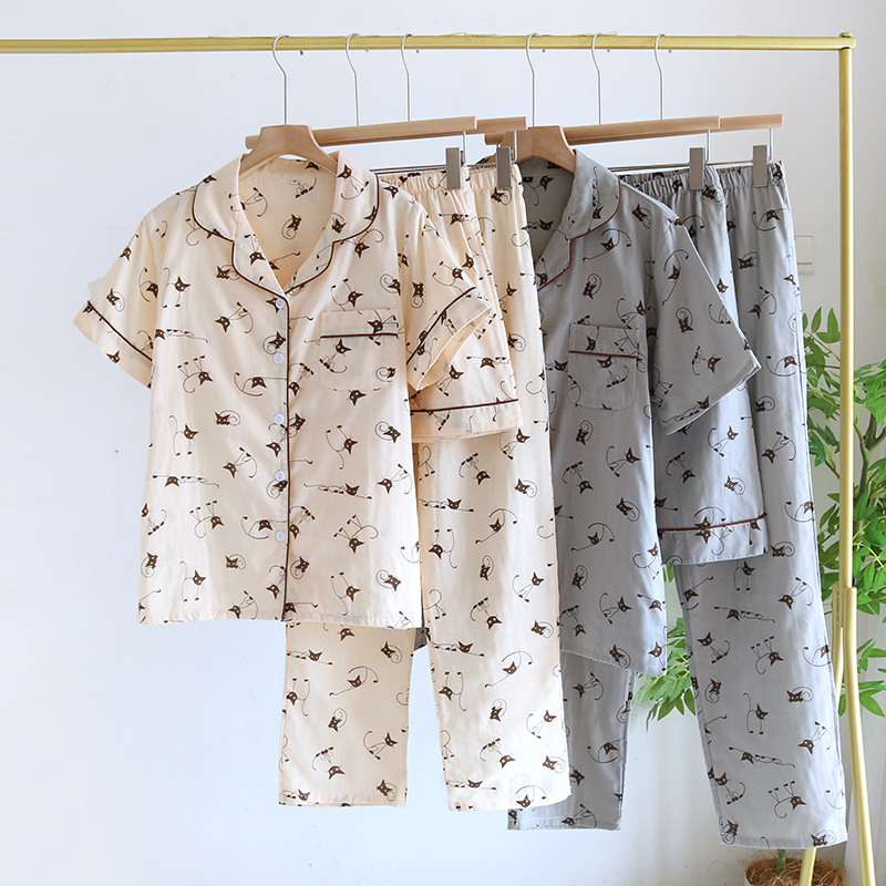 Couple's Cotton Gauze Pajamas Three-Piece Set for Men and Women, Summer Short-Sleeved Long Pants and Shorts, Pure Cotton Gauze Spring and Autumn Home Wear Set