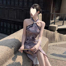 跨境新款新中式改良旗袍挂脖露肩连衣裙女夏御姐高级性感包臀长裙