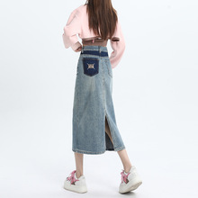 2024春夏新款撞色开叉牛仔半身裙女中长款显瘦包臀裙JEANS SKIRTS