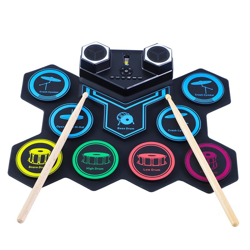 Batería electrónica de escritorio con altavoz, kit de batería portátil con batería de litio, batería de práctica para niños con Bluetooth, batería electrónica enrollable.