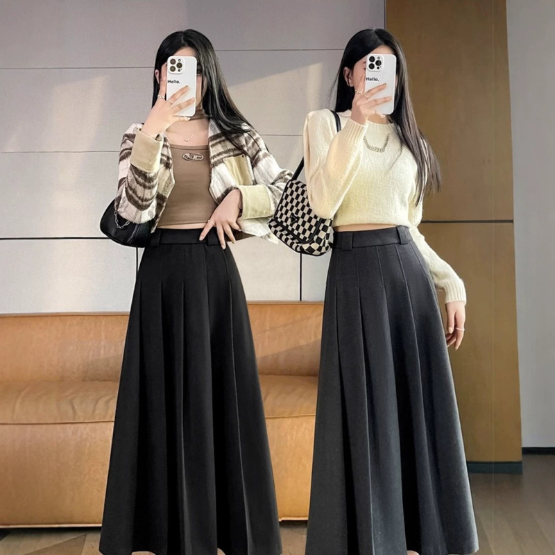 Gray woolen pleated midi skirt for women, 2026 autumn and winter new style, unique design, mid-length A-line casual long skirt Gray woolen pleated midi skirt for women, 2026 autumn and winter new style, unique design, mid-length A-line casual long skirt