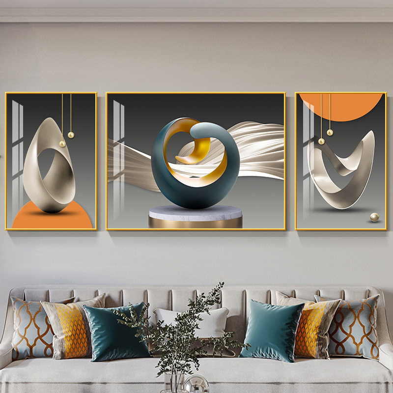 Living Room Sofa Background Wall Hanging Painting Decorative Painting Modern Simple Abstract Nordic Light Luxury Mural Triple Crystal Porcelain Mural