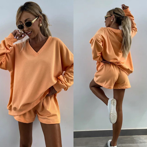 Amazon Summer New Women's Casual Striped Set Long Sleeve V-Neck Loose Top Sports Shorts 2-Piece Set for Women