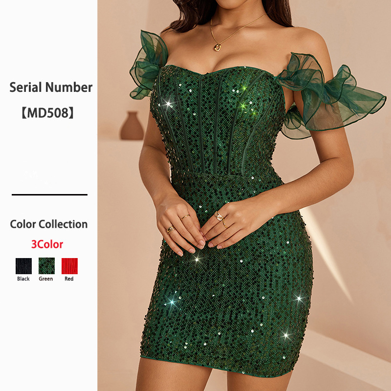 European and American Style One-Shoulder Dress Party Sexy Sequin Ruffle Bodycon Slimming Short Dress Nightclub