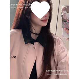 美式麂皮粉色棒球外套新款宽松复古春秋翻领休闲夹克上衣氨纶